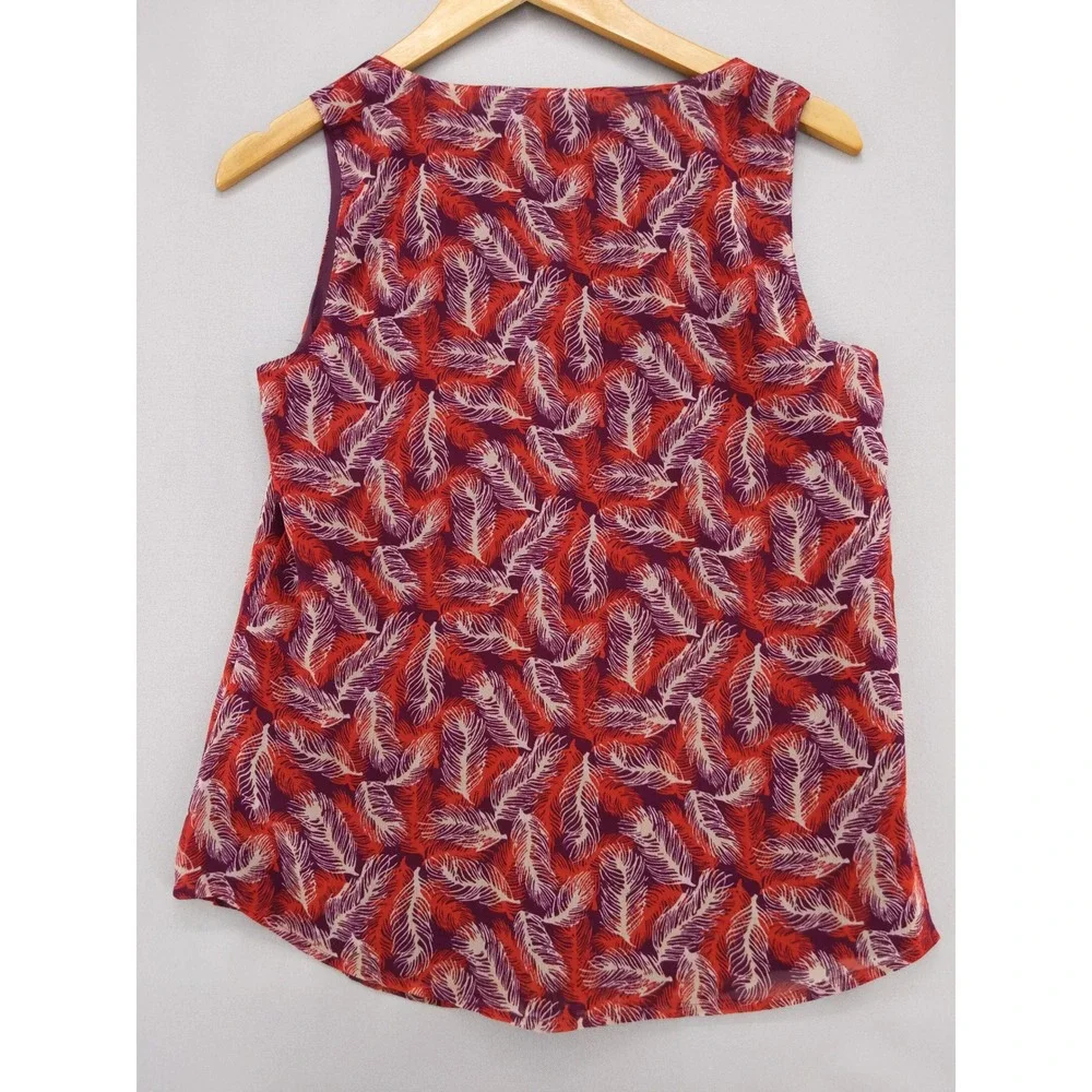 Coldwater Creek Blouse Women XS Red Purple Feather Print Pleated Chiffon Tank